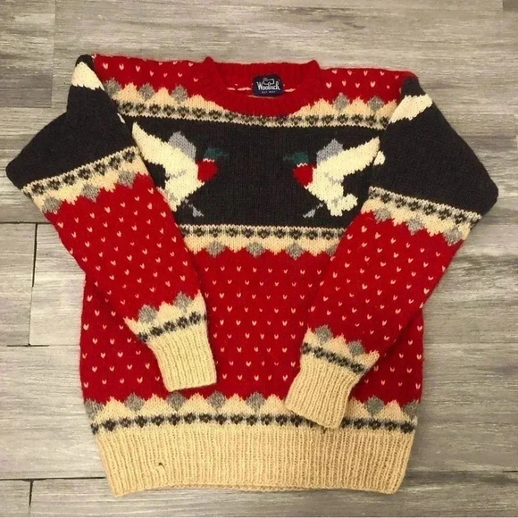 Woolrich Vintage Nordic Bird Fair Isle Wool Sweater Red Cream Pullover Sz S - Picture 1 of 7